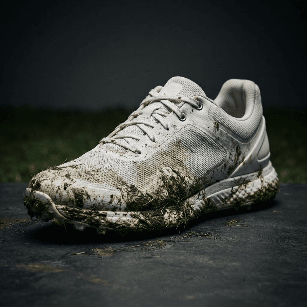 Grass-stained golf shoe before cleaning