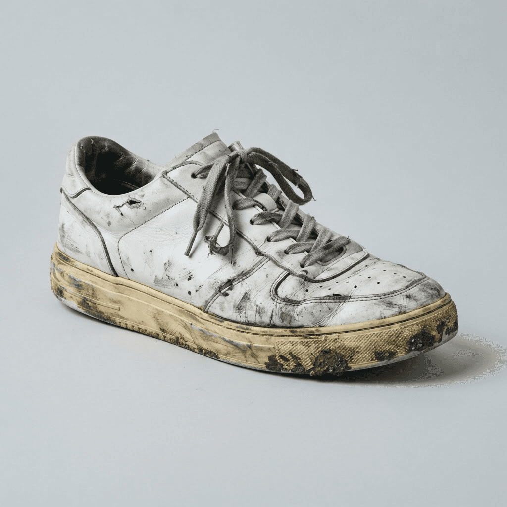 Dirty worn white sneaker before cleaning
