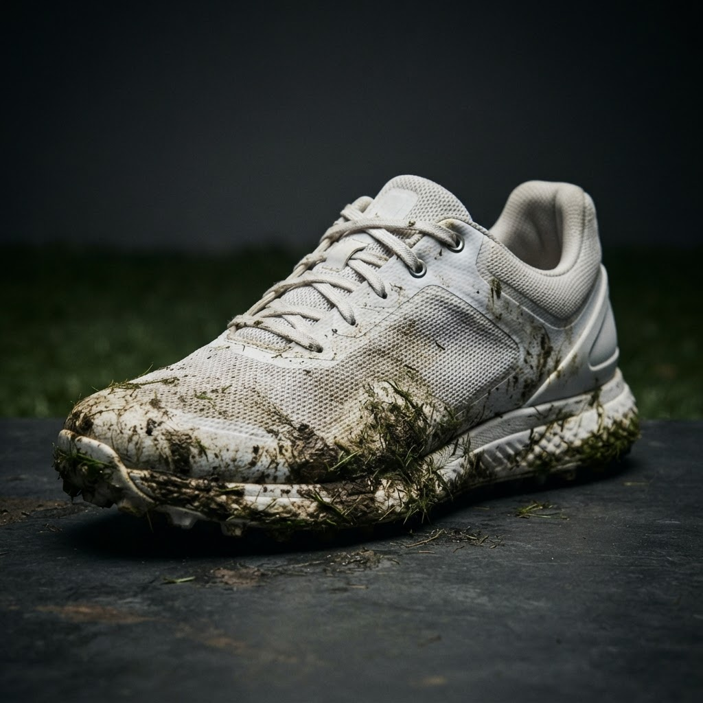 Grass-stained golf shoe before cleaning
