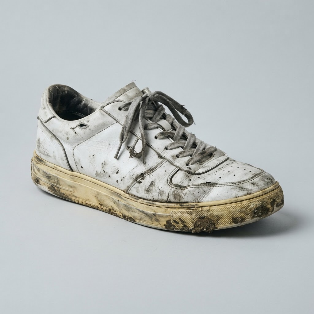 Dirty worn white sneaker before cleaning
